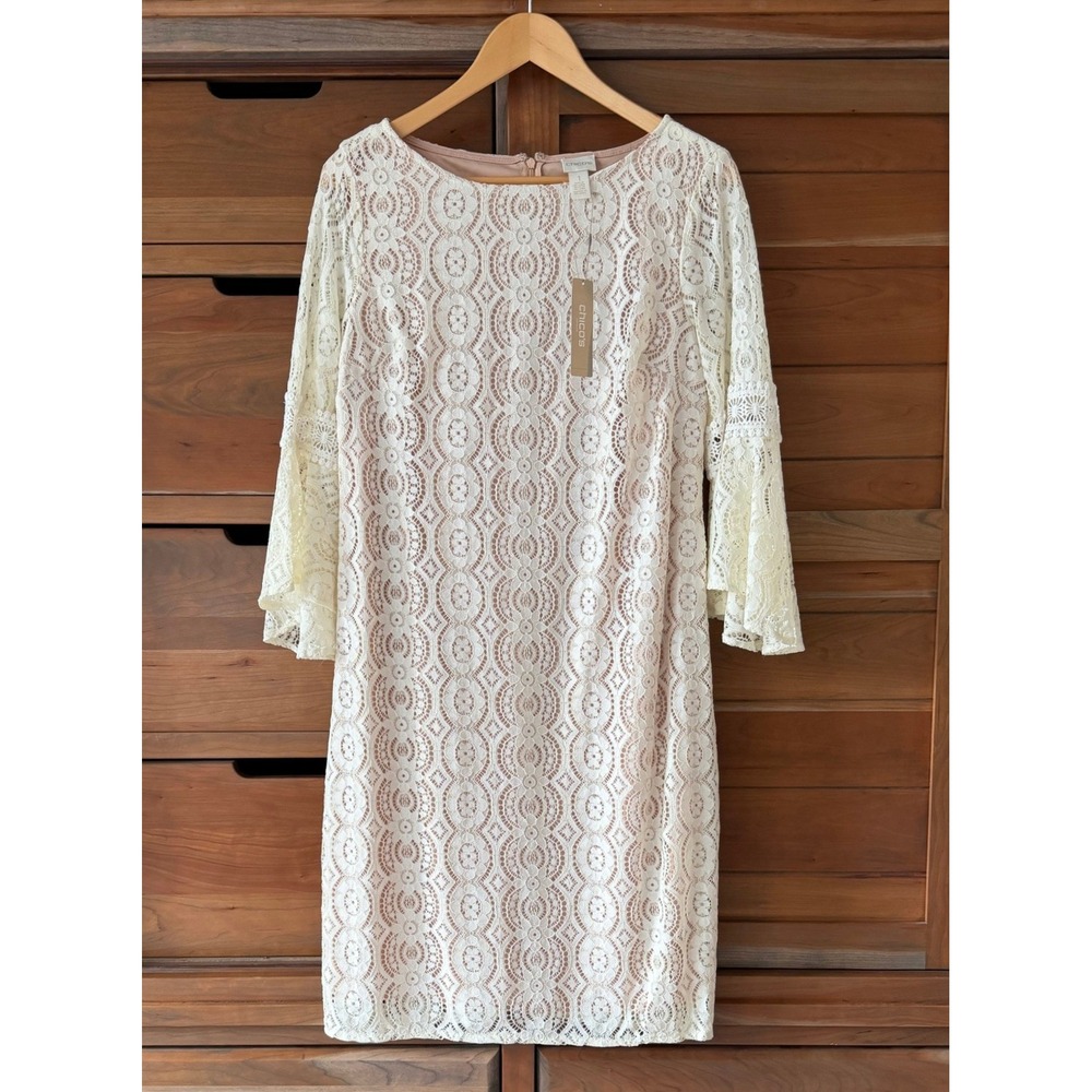 NWT‎ Chico's Size 1 (M 8/10) Bell Sleeve Lace Sheath Dress Knee Length Romantic